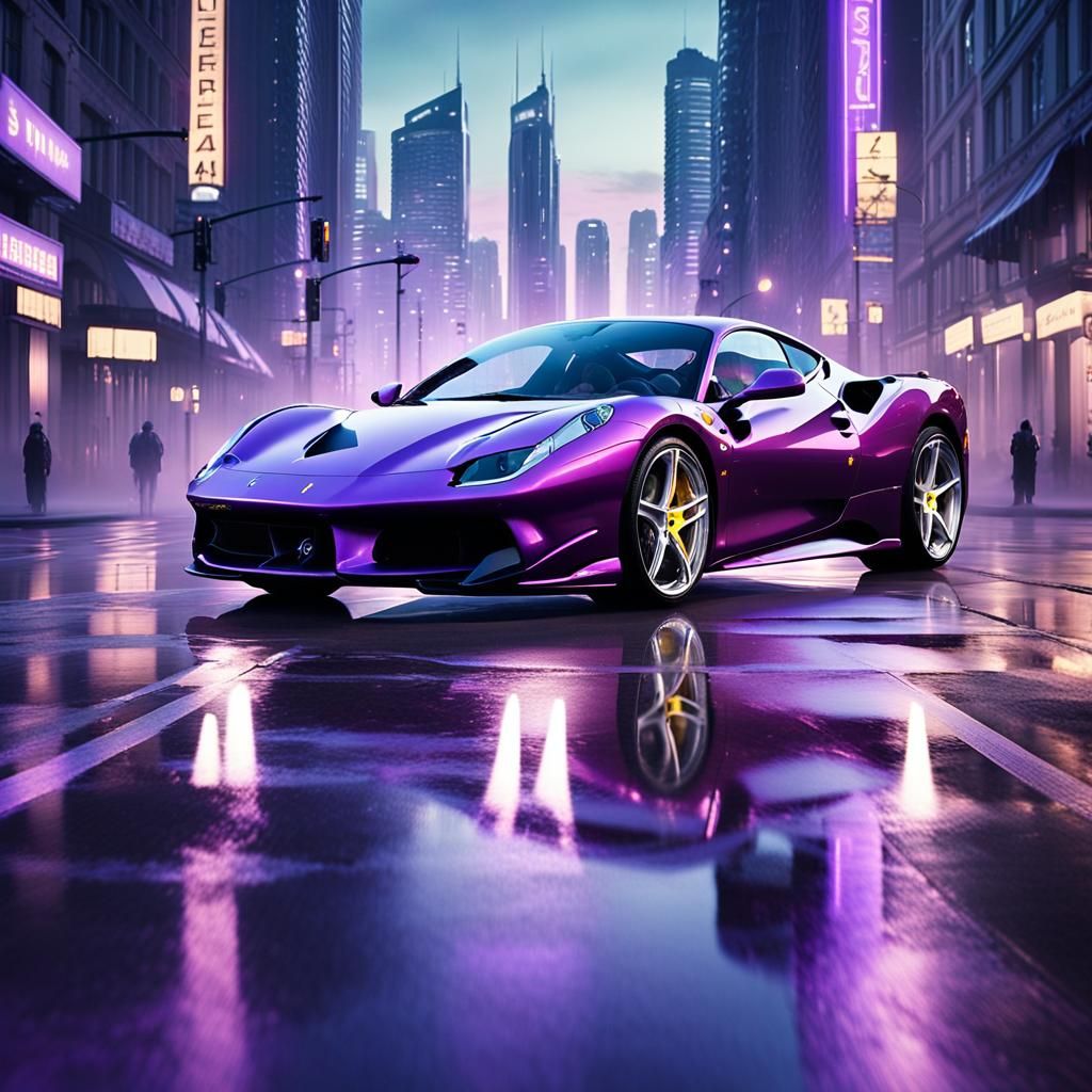 Ferrari in Futuristic Cityscape with Neon Lights
