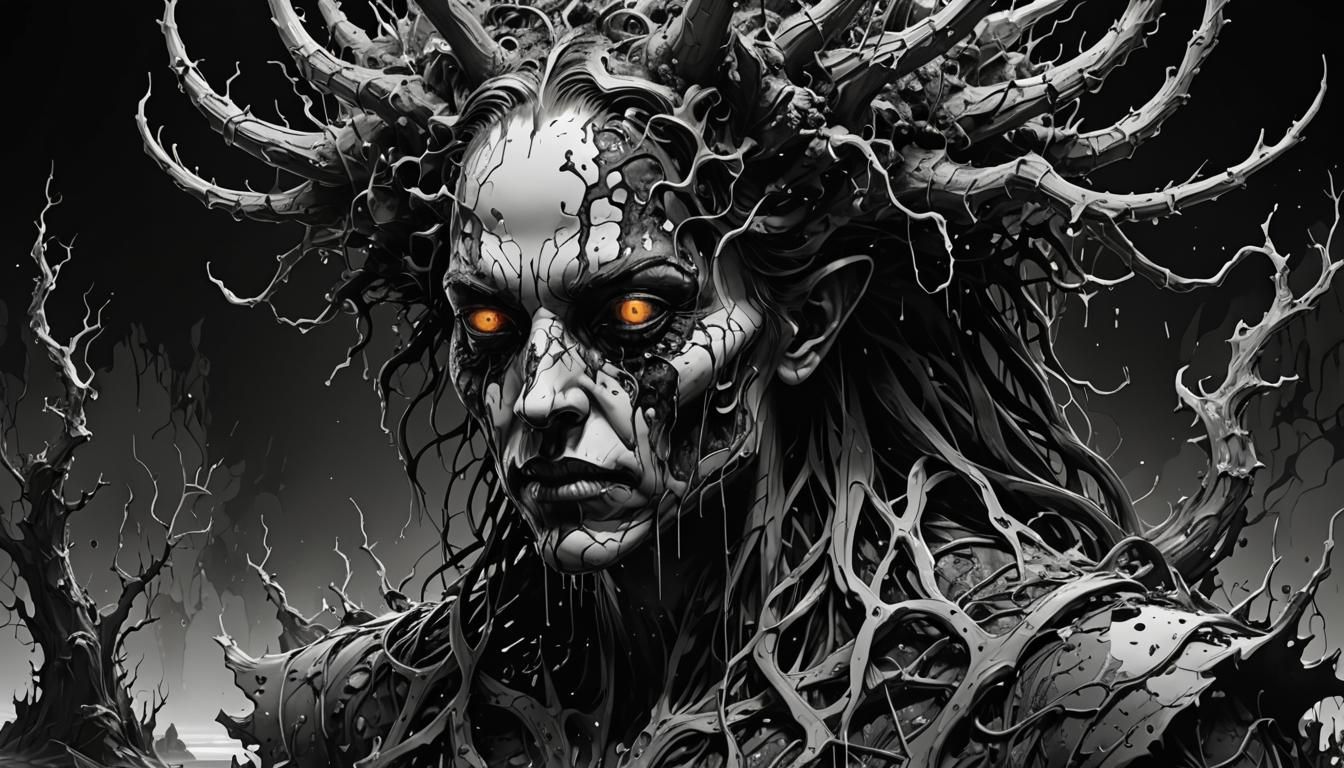 Glowing Demonic Entity near Corrupted Lake in Inkblot Style