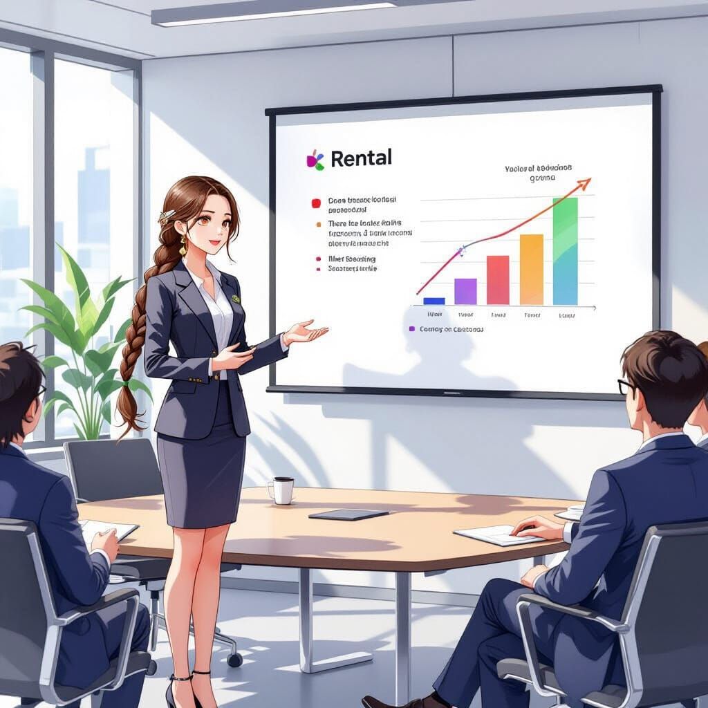 Japanese Woman Presents in Modern Office Watercolor Style