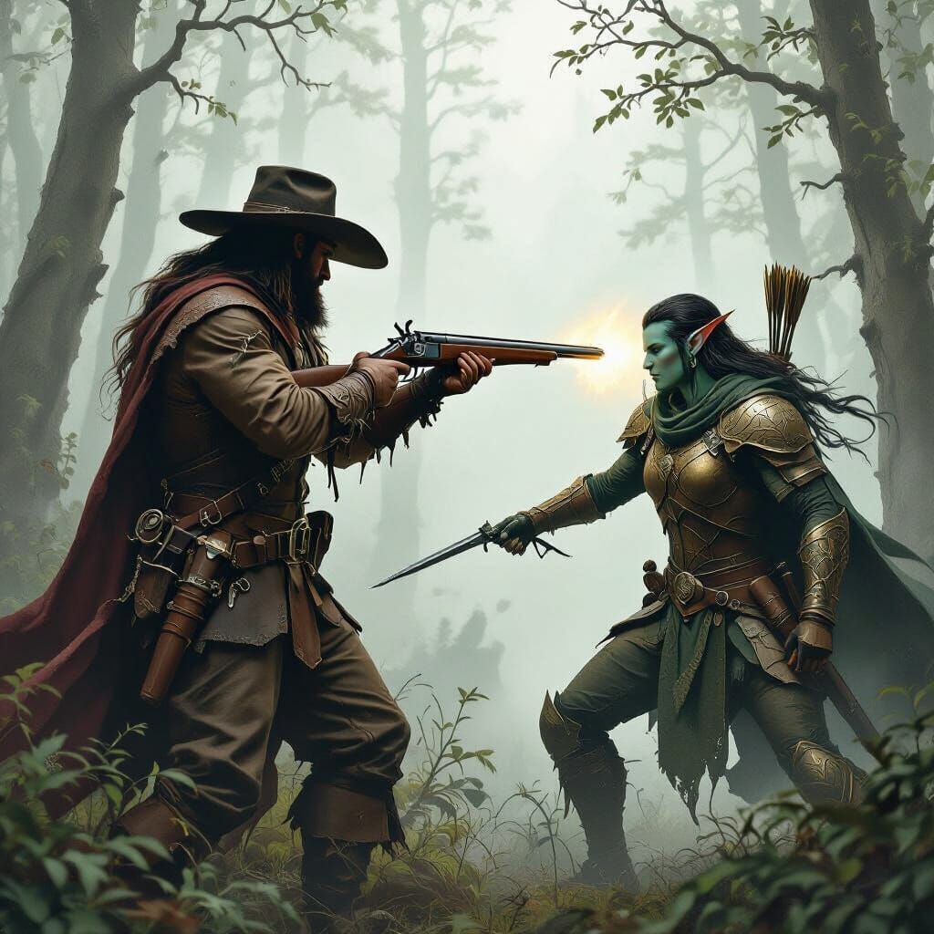 Woodsmen and Elf Battle in Misty Forest