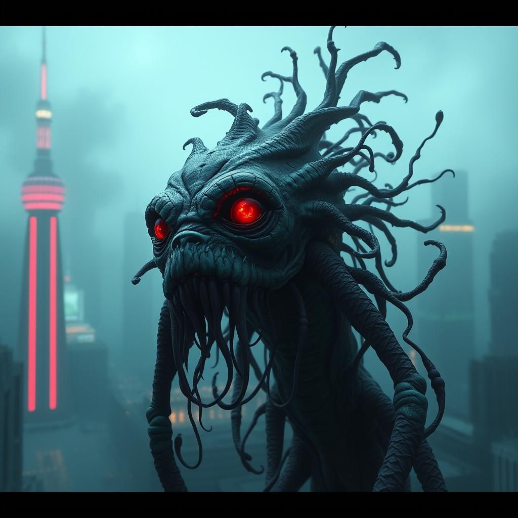 Creepy Plant-Human Hybrid in Foggy Cityscape