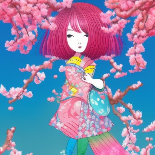 Cute Japanese Woman with Cherry Blossom Hair