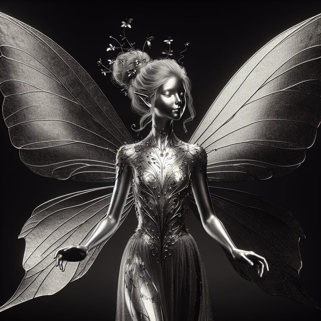 Ethereal Metallic Silver Fairy with Black Wings
