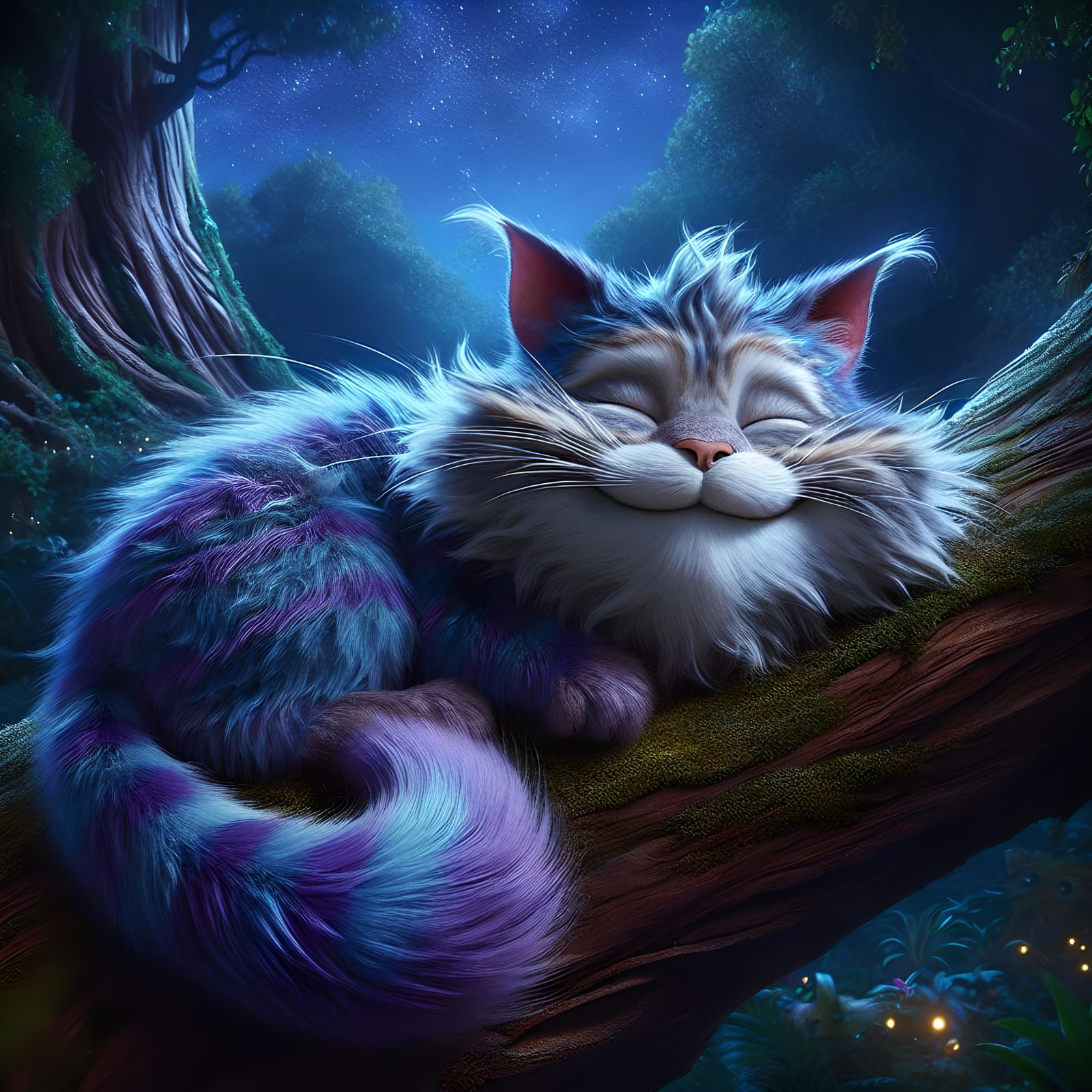 Whimsical Cat Napping in Enchanted Forest