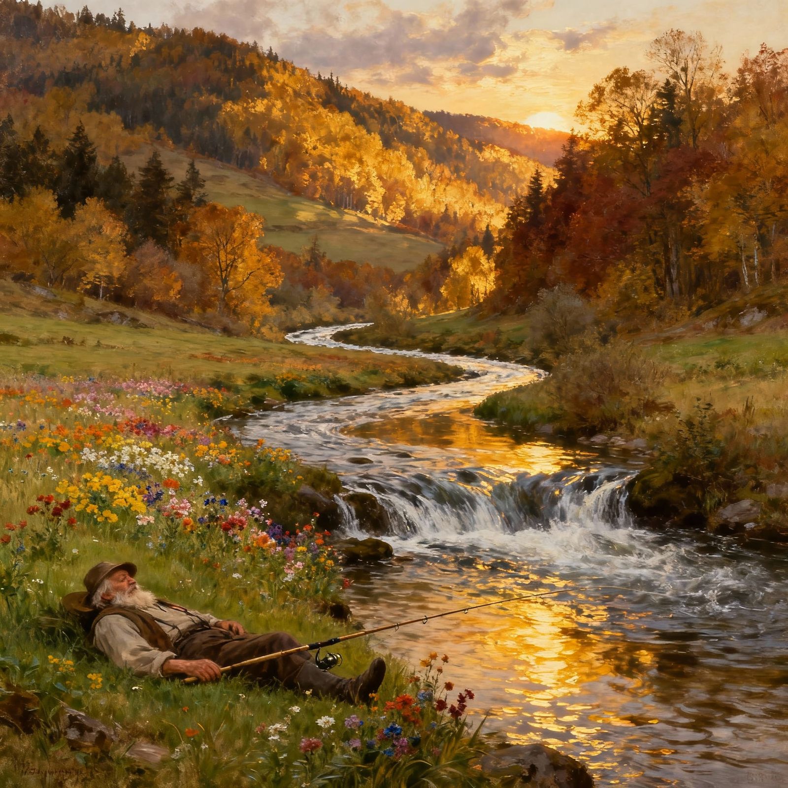 Old Fisherman Sleeps by Autumn River in Golden Light
