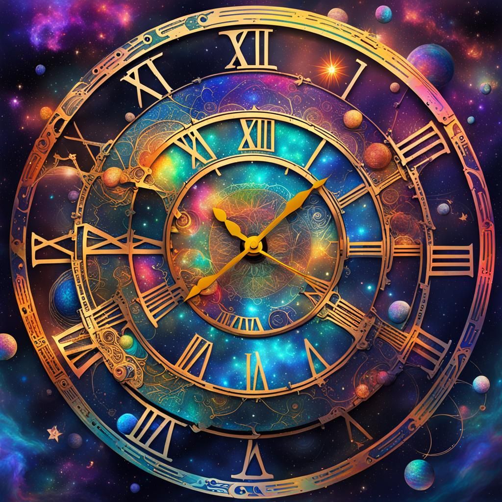 Abstract Clock: Holographic Astral Illustration