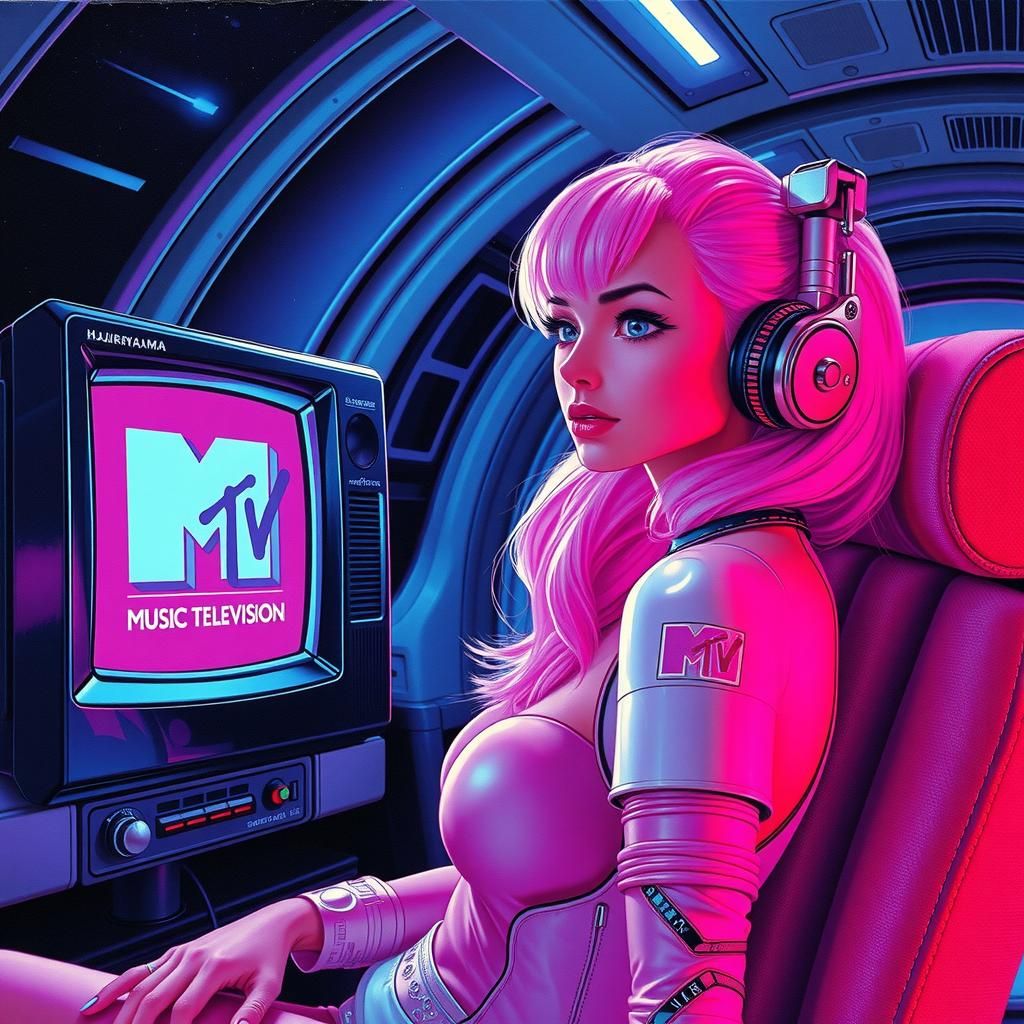 Retro Sci-Fi Robotic Woman in Cyberpunk Space Lounge