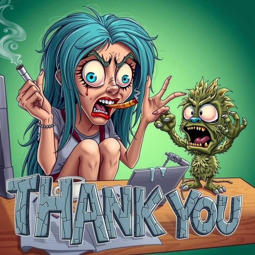 In the style of R. CRUMB, a cartoon woman with long blue hair sitting at a laptop, a cigarette clenched between her teet...