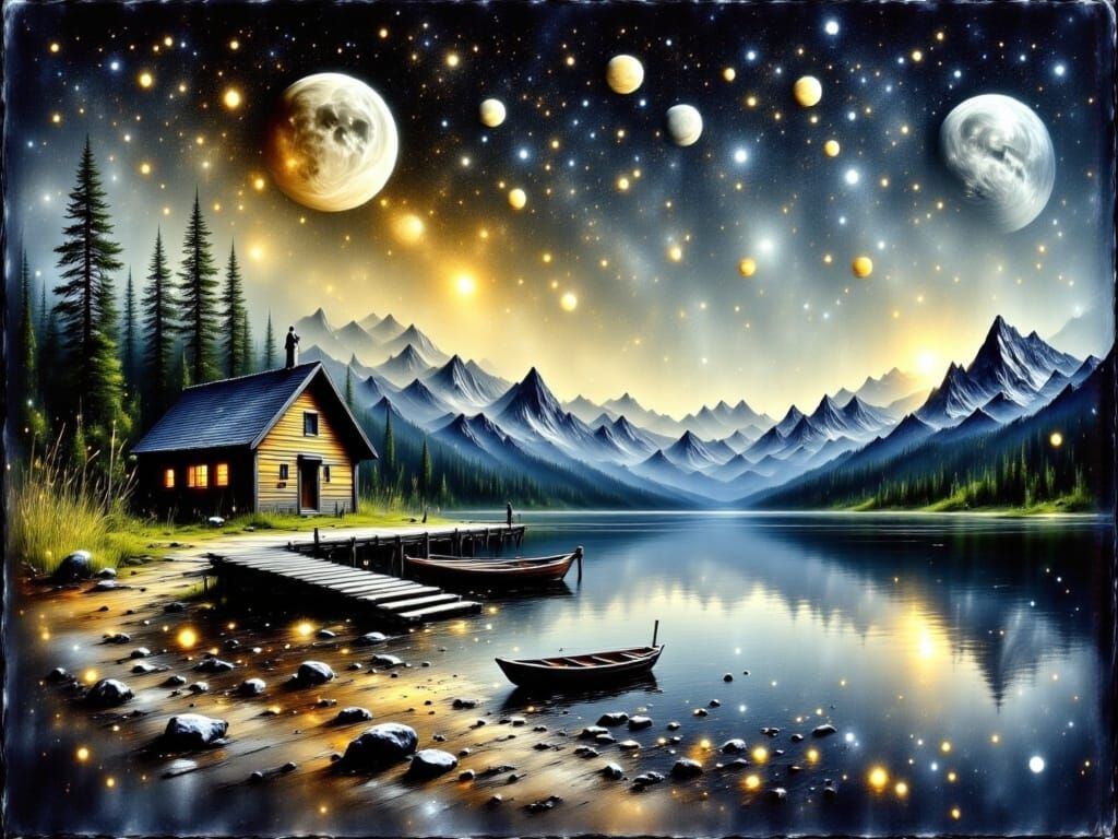 Mountain Lake Cabin Under Starry Sky