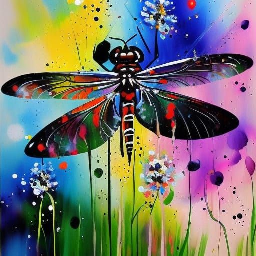 Dragonfly on Flower as Vivid Speed Painting