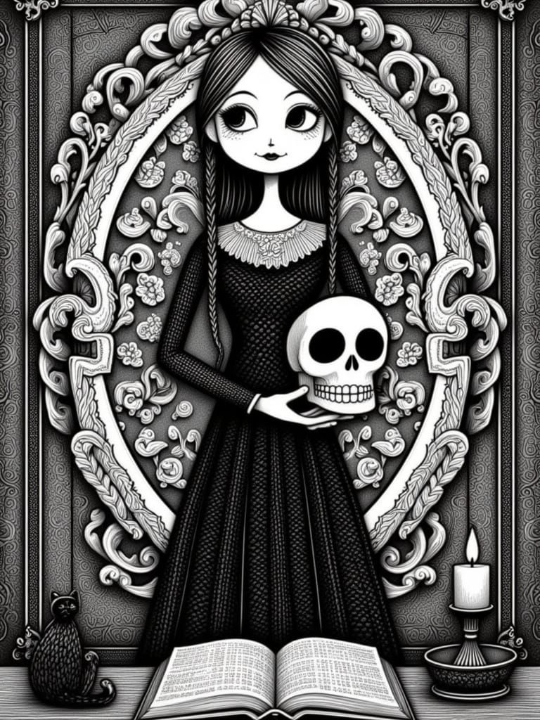 Wednesday Addams Illustration in Gothic Zentangle Style