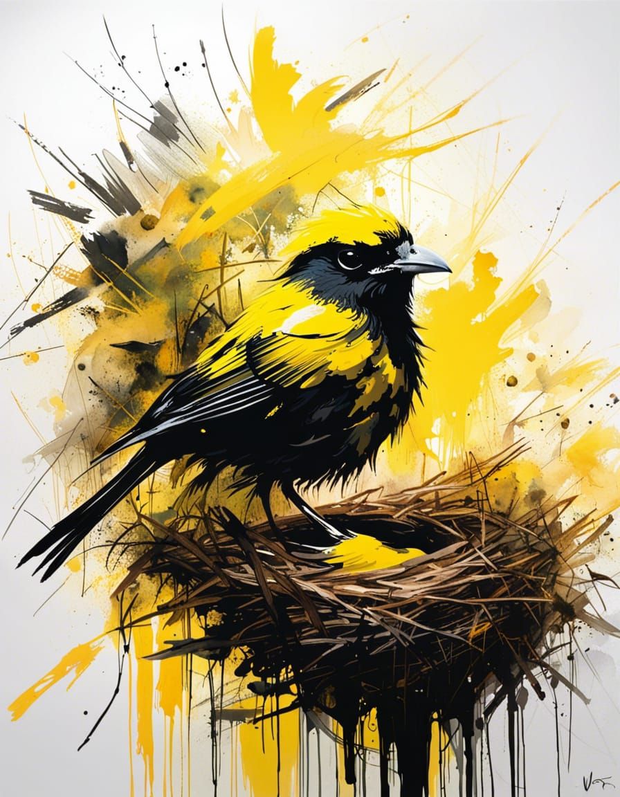 Silhouette Painting of Bird on Nest in Yellow Tones