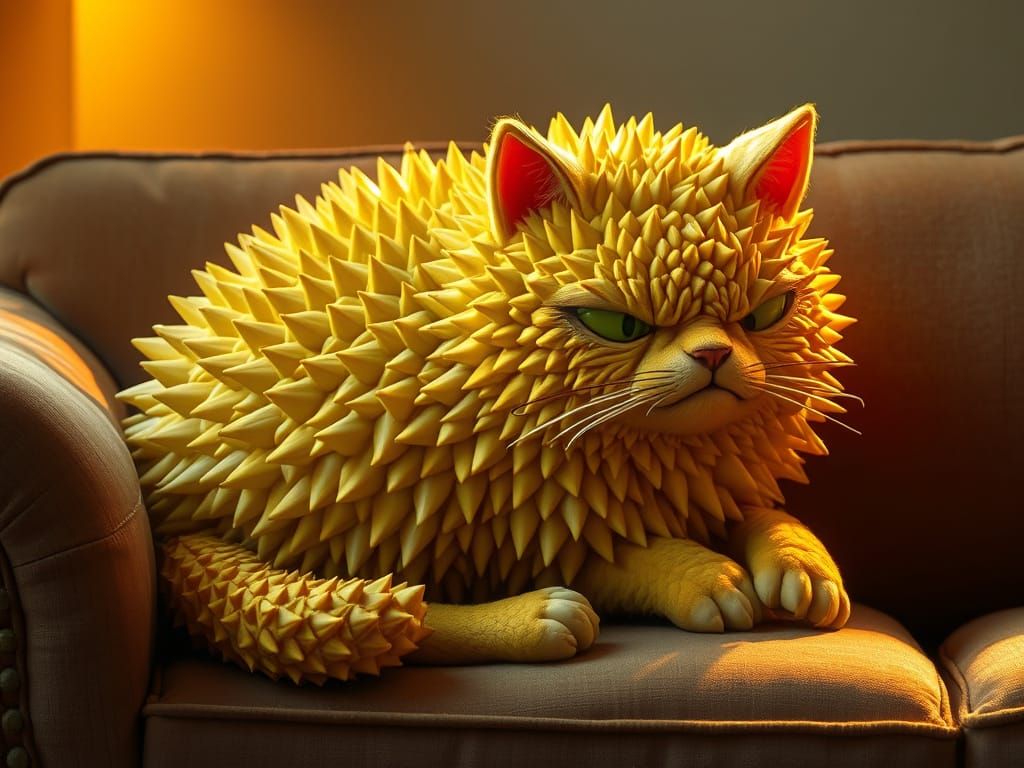 Surreal Durian Feline in Whimsical, Fantastical World