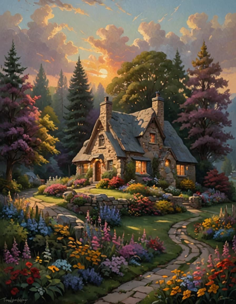 Idyllic Cottage in a Sunny Landscape, Oil Painting