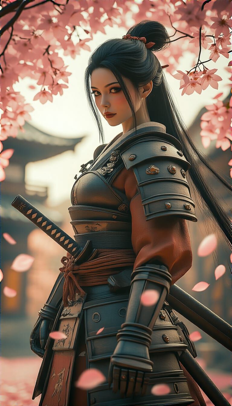 Samurai Woman in Sepia Tone Amidst Sakura