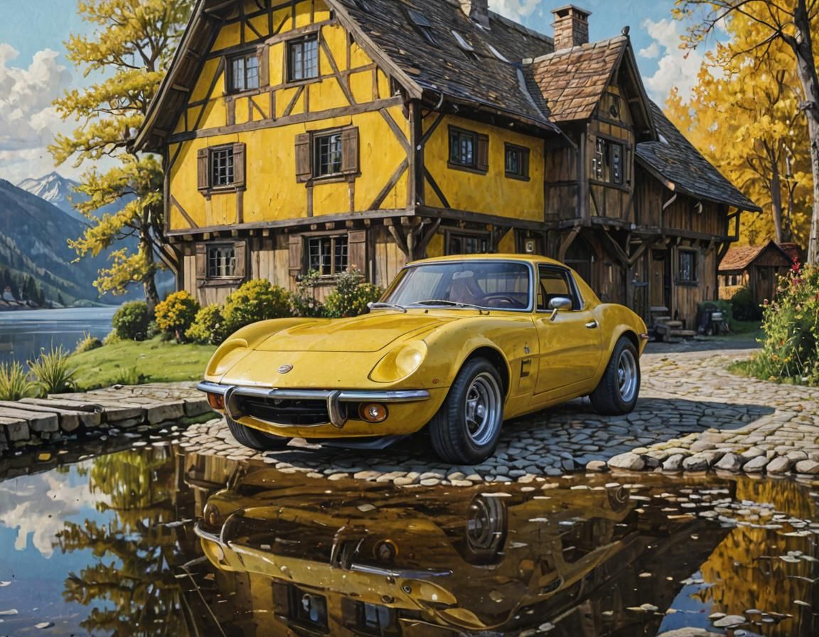 Opel GT by Mountain Lake in Acrylic Painting