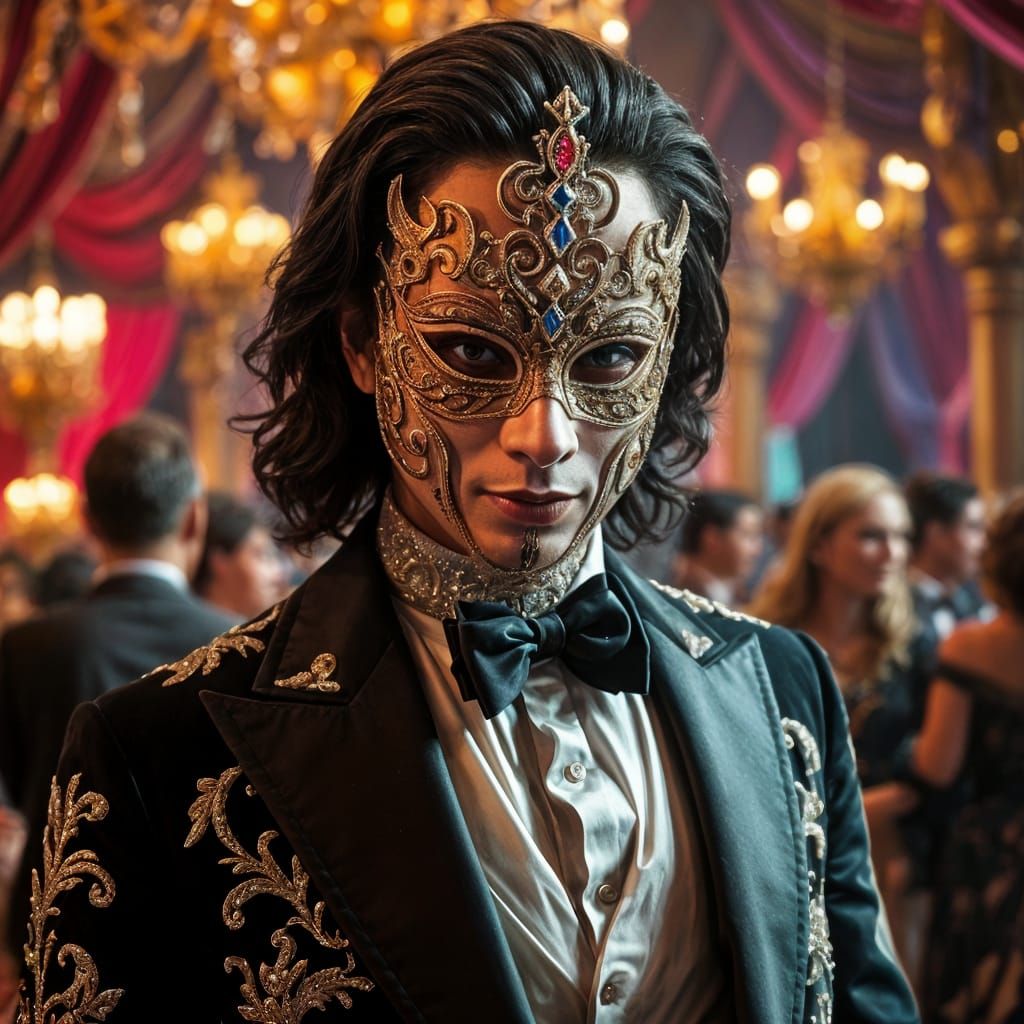 Man in Vibrant Mask at Masquerade Ball