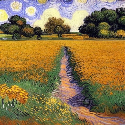 Marigold Field Near Waterfall in Van Gogh Style