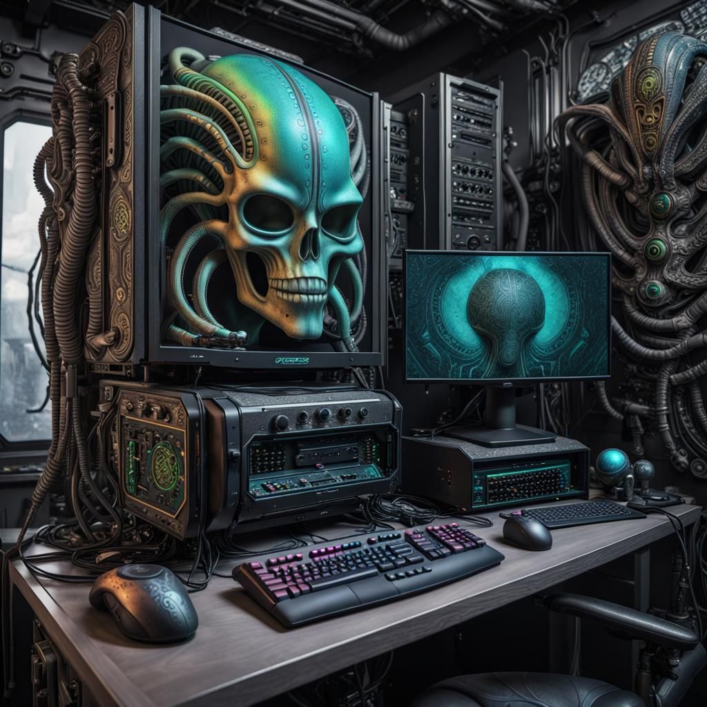 Gaming pc setup, up in the sky. H.R. Giger complementary colors split-complementary colors kinetic pointillism cel-shade...