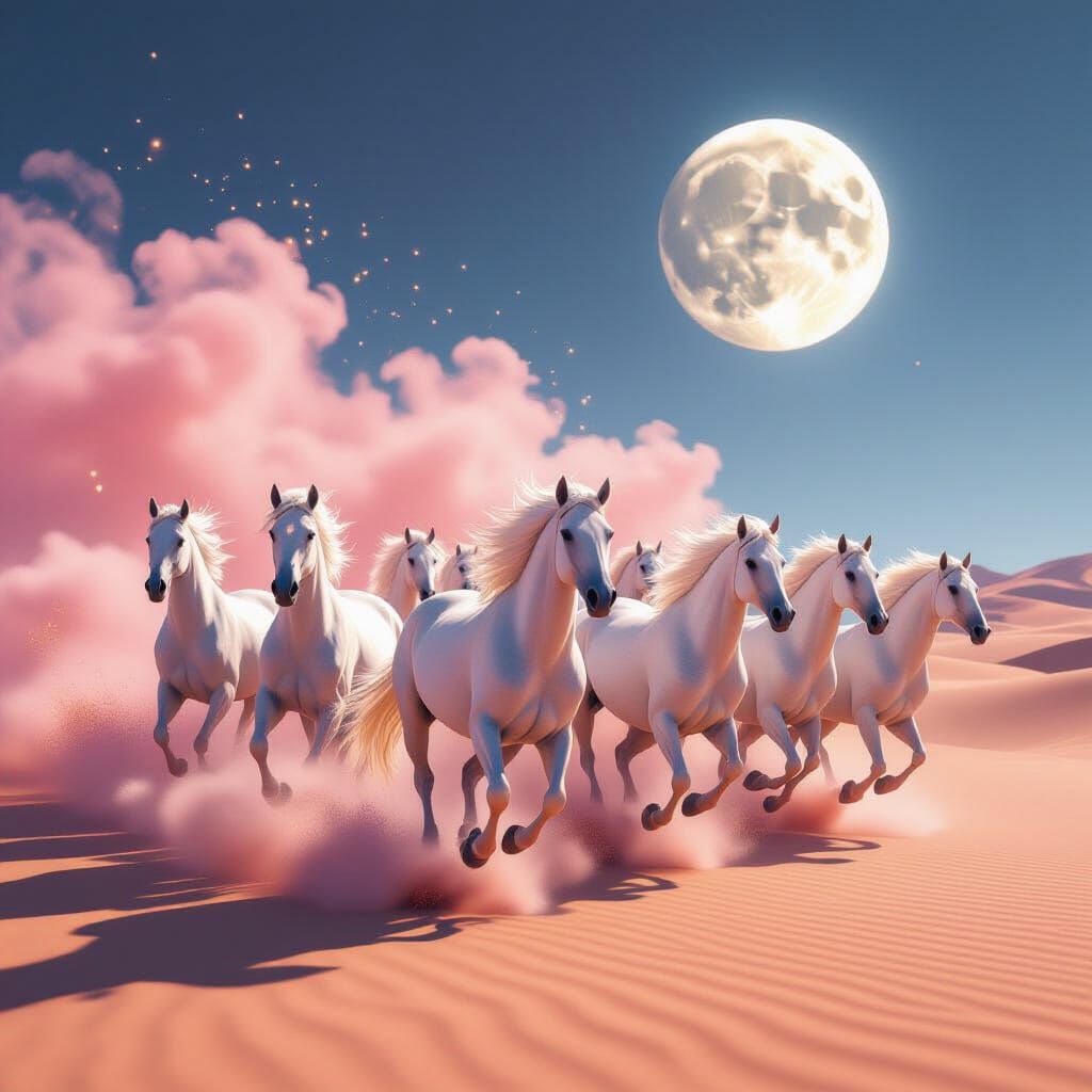 Galloping White Horses in a Mystical Desert