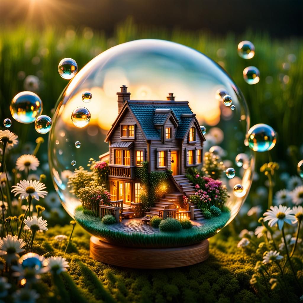 Miniature Houses in Luminous Soap Bubbles