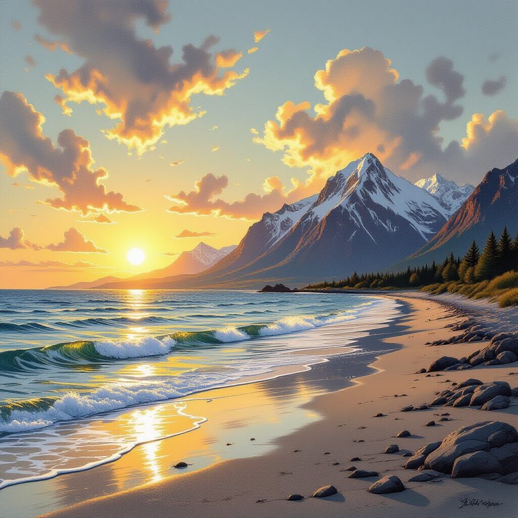 Sun-Drenched Bay at Sunset: Charcoal Drawing