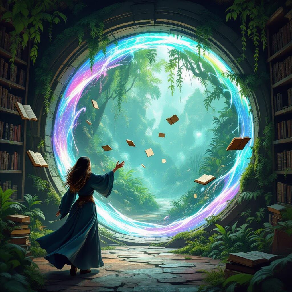 Wizard and Iridescent Portal in Ancient Library