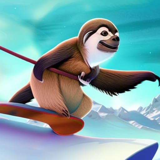 Sloth Snowboarding in Soft Watercolor 3D Style