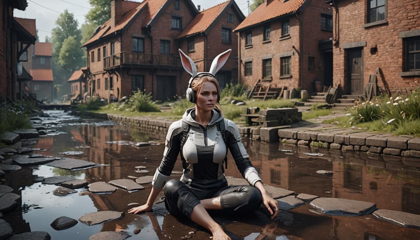 Scandinavian Woman with Rabbit Ears in Sci-Fi Village