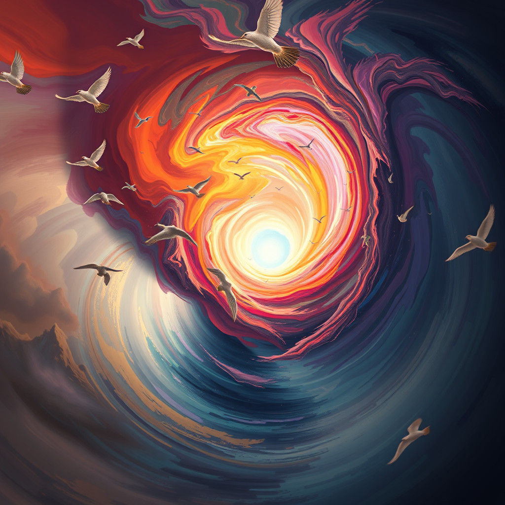 Vortex of Birds in Abstract Landscape
