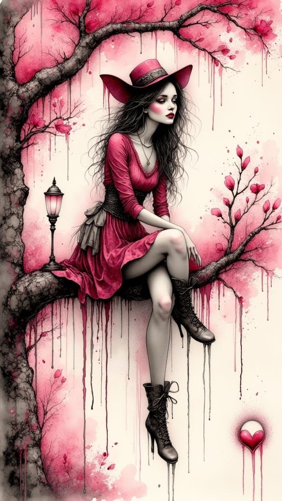Gothic Punk Woman in a Sakura Tree, Ink Drawing in Pointilli...
