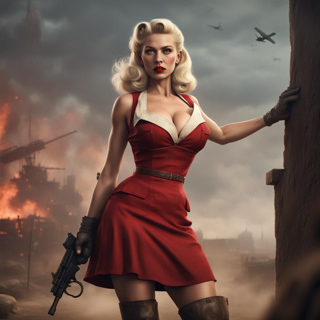 WWII Pinup of Blonde Woman in Red Dress