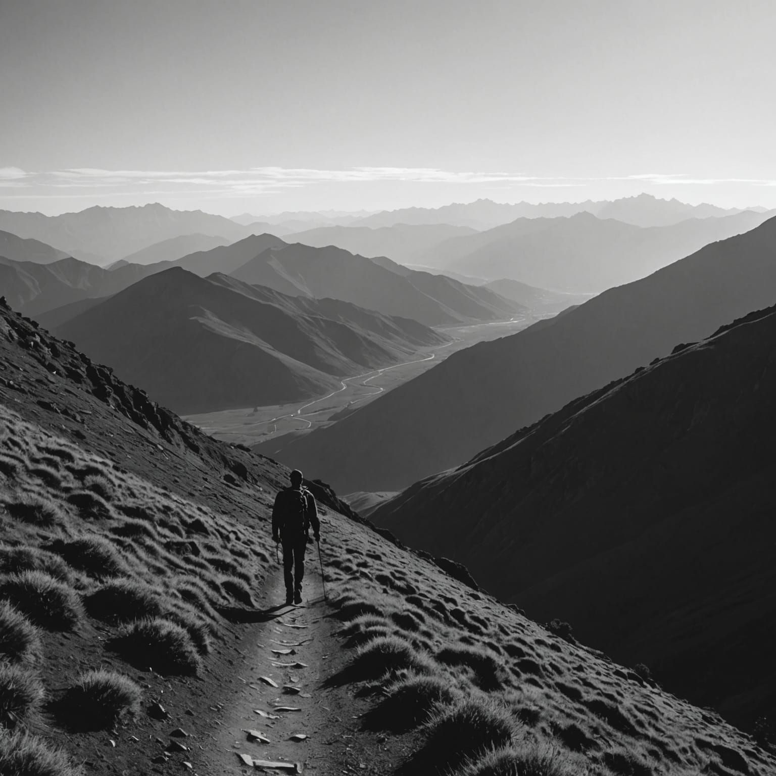 Minimalist Black and White Mountain Hiking Scene