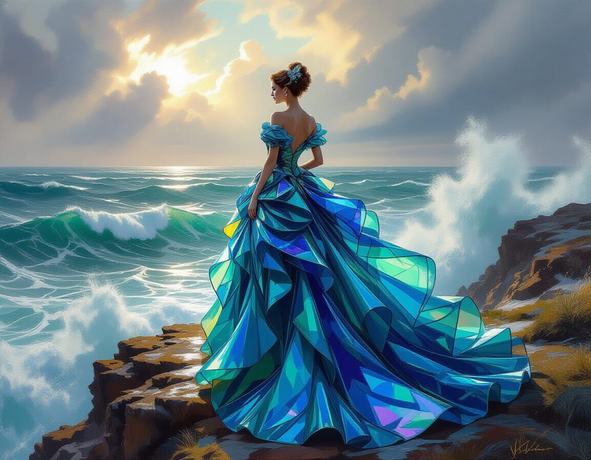 Regal Woman in Glass Gown on Stormy Cliff