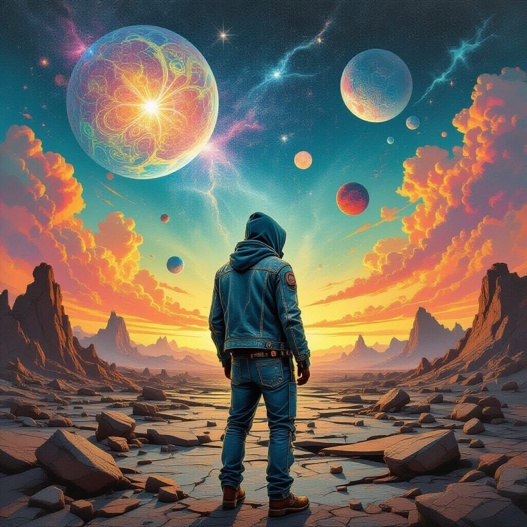 Apocalyptic Denim Figure Amid Shattered Skies