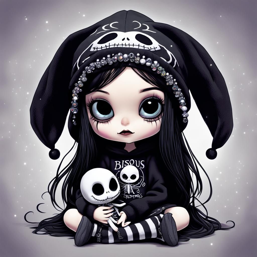 Gothic Chibi Girl with Jack Skellington Doll in 3D Anime Art