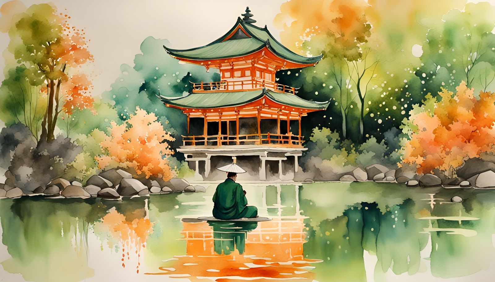 Shinto Temple by Lake with Meditating Monk in Watercolor