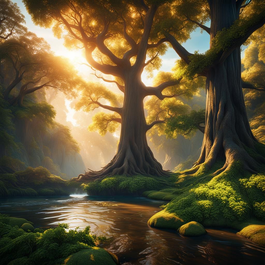Sunlit River Through Majestic Trees in Detailed Matte Painti...