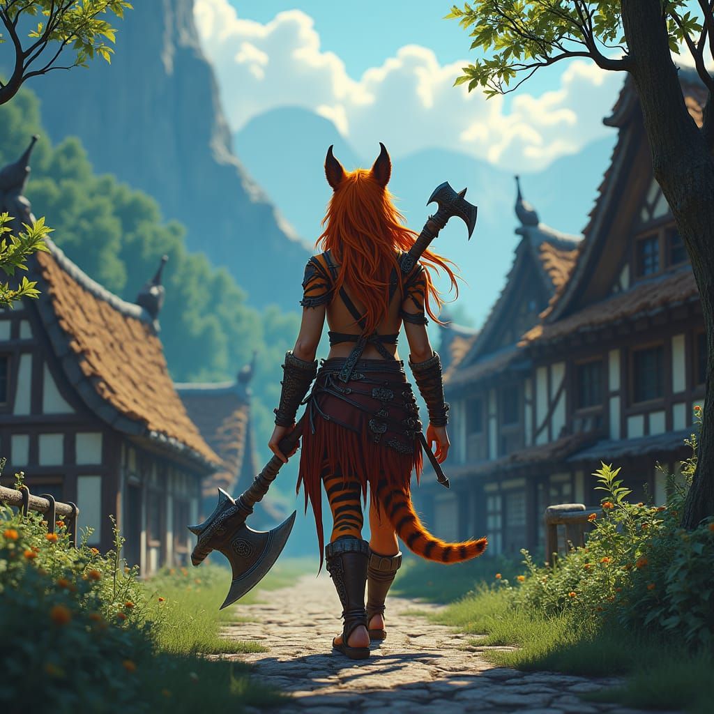 Tabaxi Barbarian Walking Away in Matte Painting Style