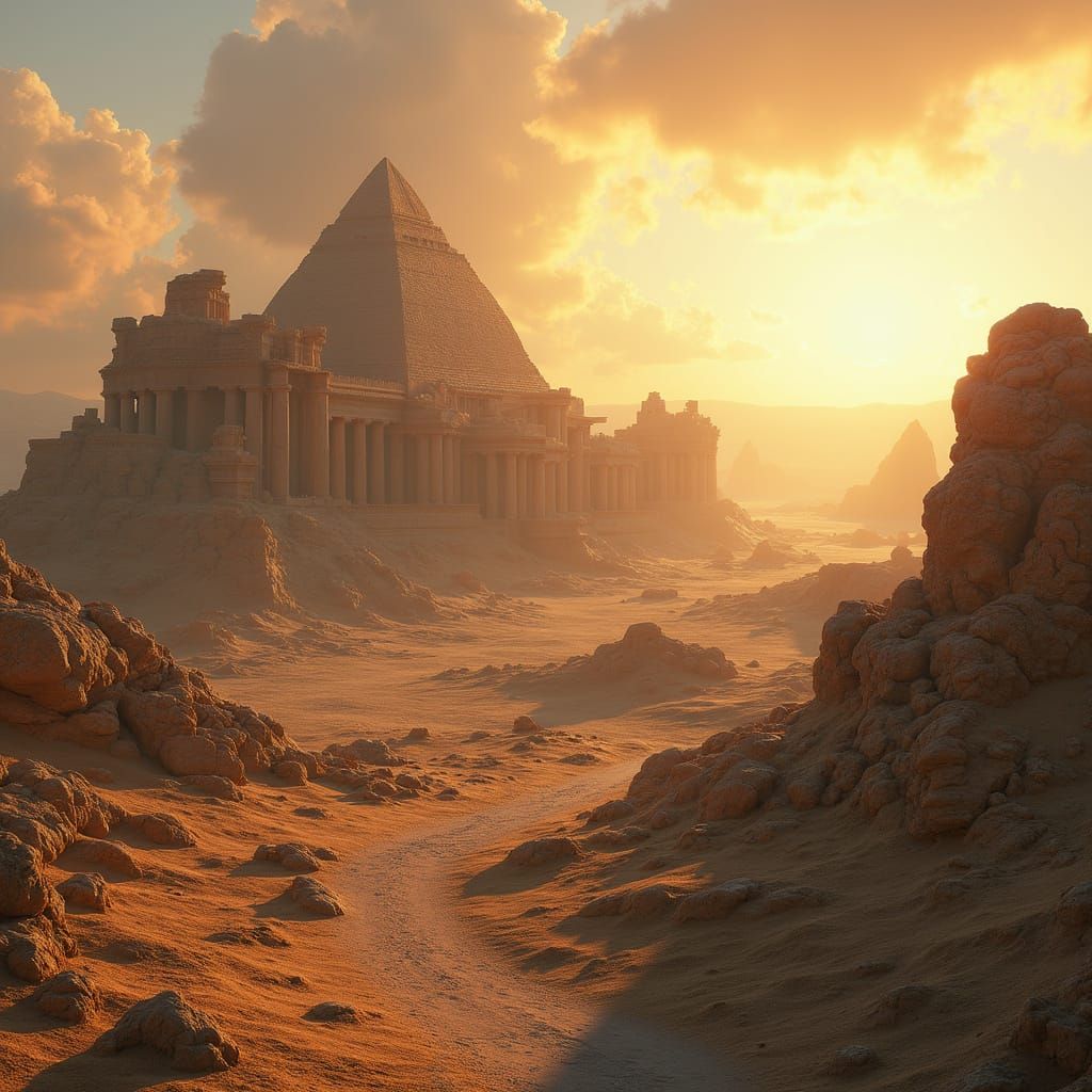 Mesopotamian Temples and Ruins in Golden Hour Landscape