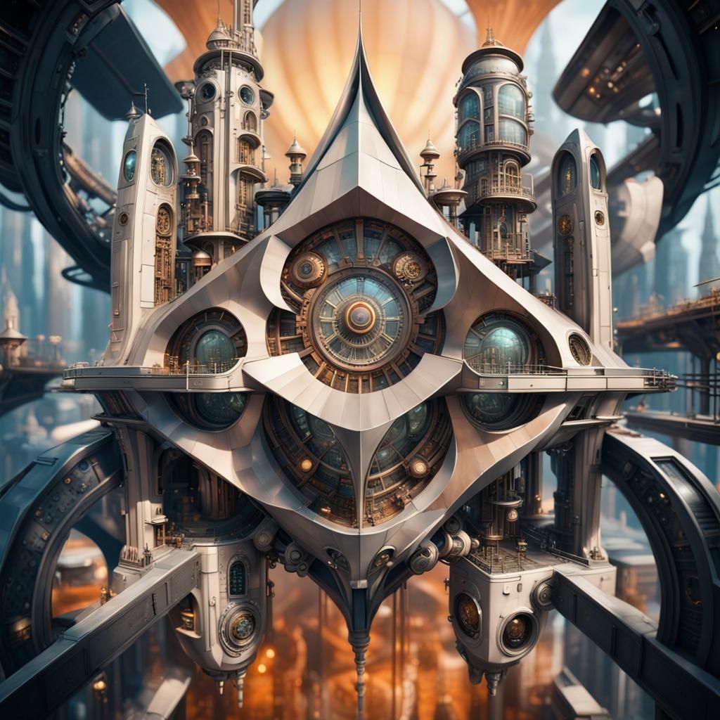 Ethereal Futuristic Cityscape with Steampunk Elements