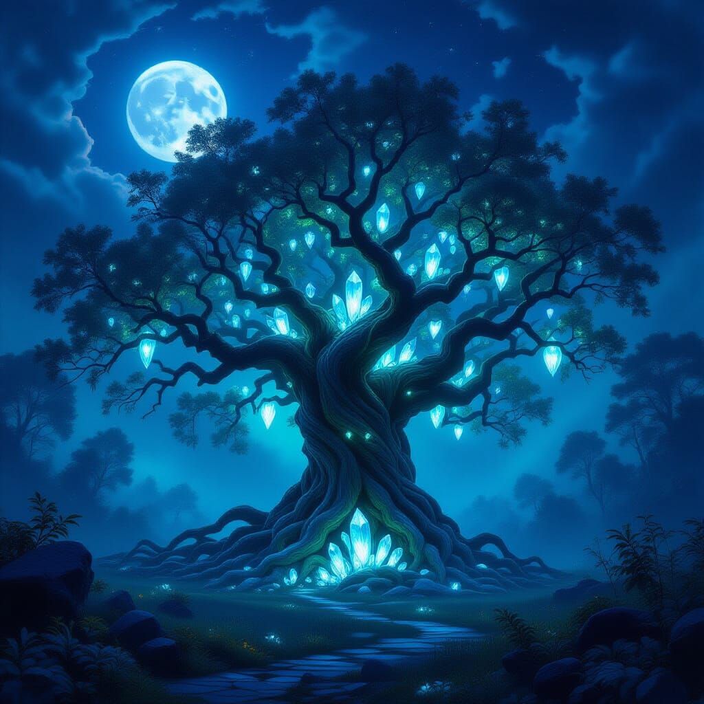 Ancient Bioluminescent Tree With Crystal Roots in Moonlight