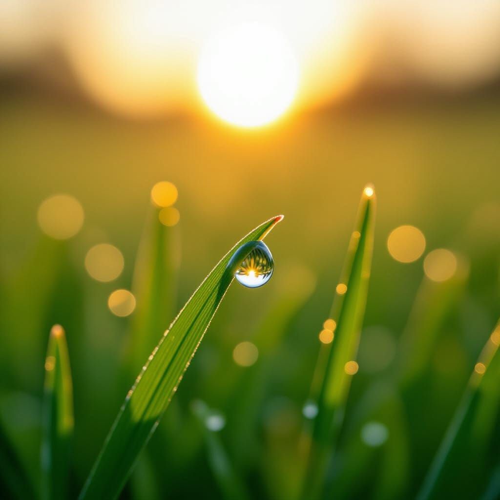 Dewdrop Reflecting Golden Sun on Grass Blade