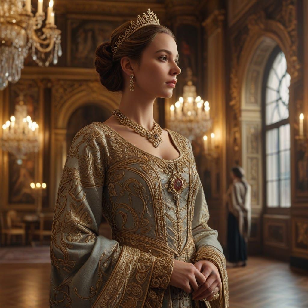 Noble Woman in Grand Hall, Hyperrealistic Painting