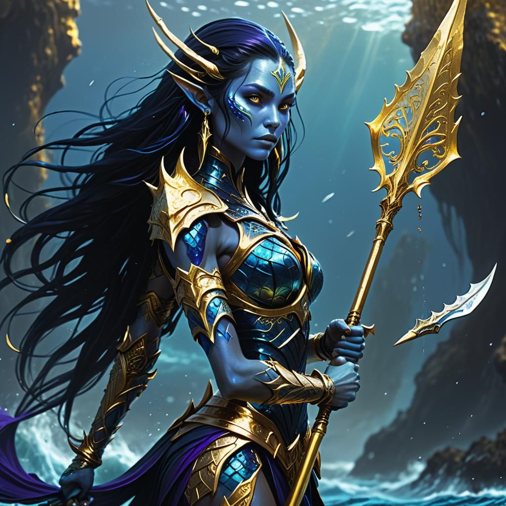 Elegant Dark Fantasy Sea Elf Warrior
