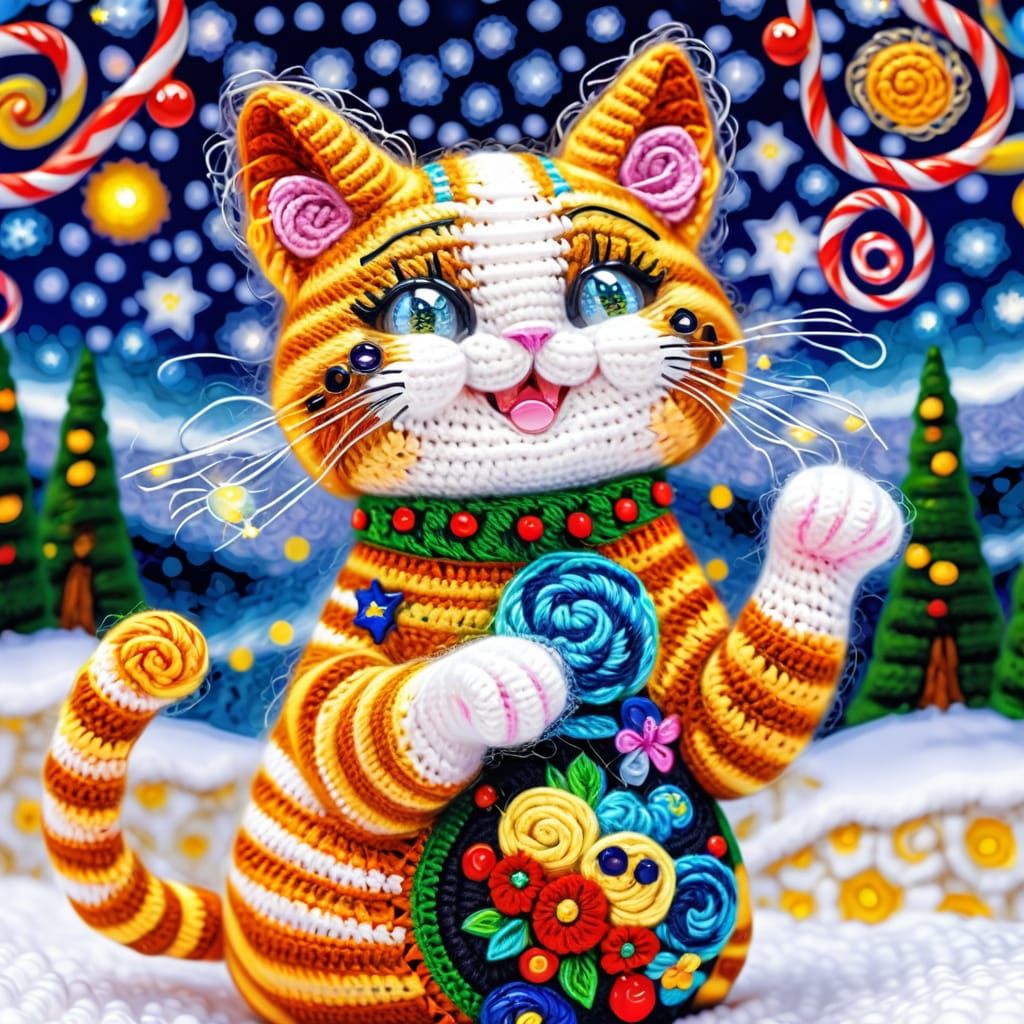 Cute Crochet Cat With Thumb Up in Fantasy Rainforest