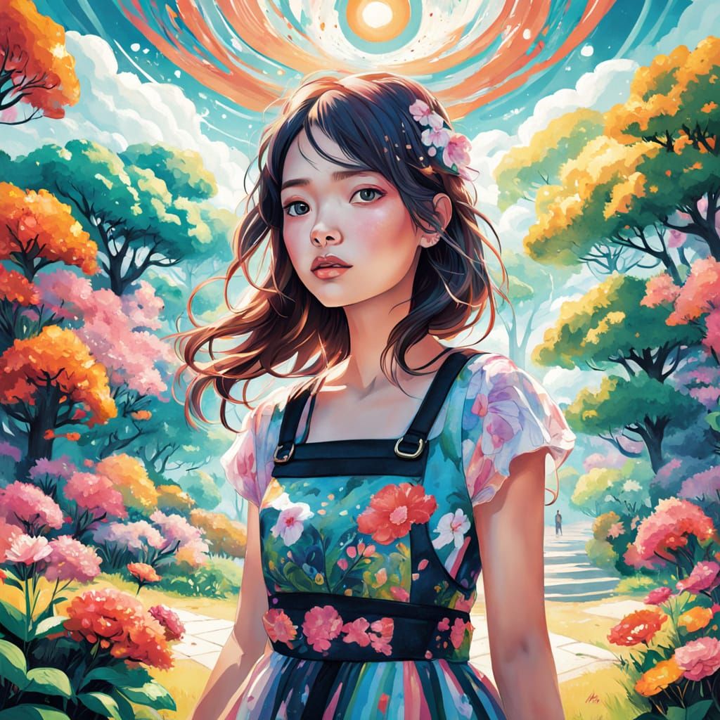 Girl in Whimsical Park: Pop Surrealism Fantasy Art
