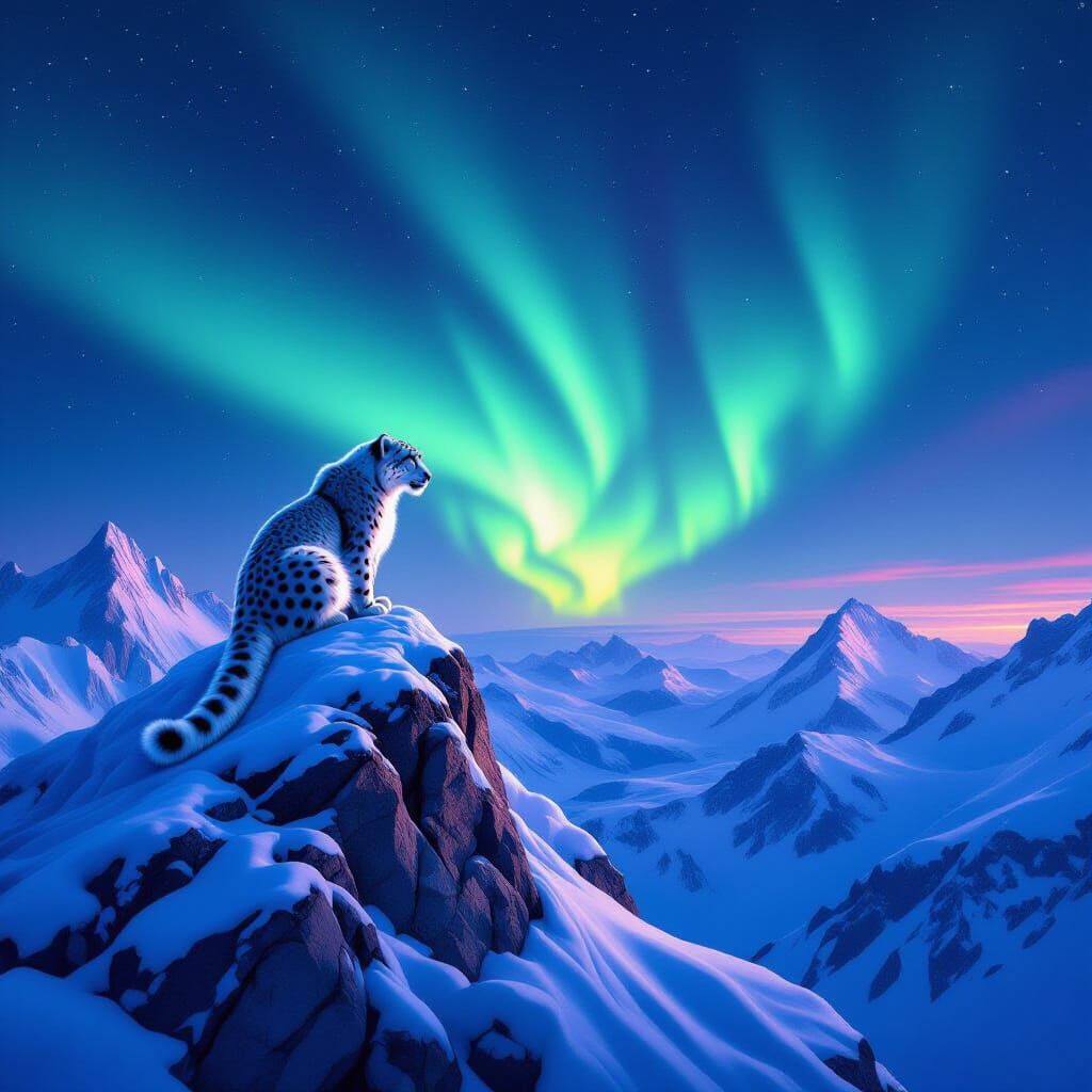 Snow Leopard Under Aurora Borealis in Arctic Landscape