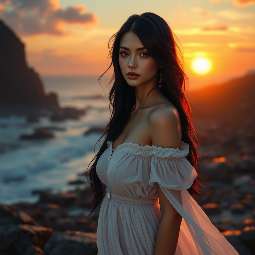 Majestic Maiden Amidst Sunset Dreamscape