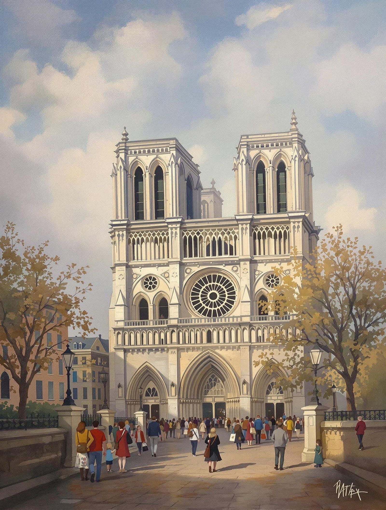 Historic Notre Dame Cathedral in Oil Painting Style